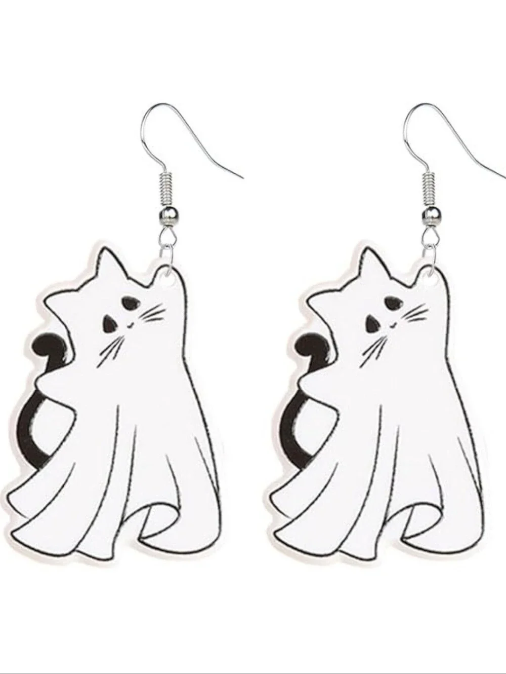 White Ghost Cat Drop Earrings - Pet-Themed Fashion Accessory